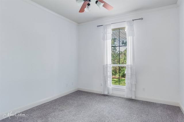 carpeted spare room featuring ornamental molding, healthy amount of natural light, ceiling fan, and baseboards