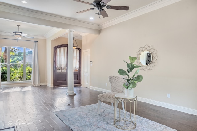 entryway with ceiling fan, decorative columns, baseboards, dark wood-style flooring, and recessed lighting