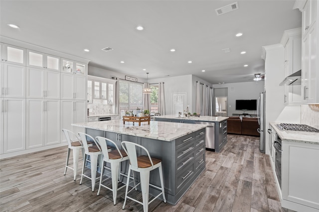 1701 Travis Ct, Allen, TX 75002 - kitchen featuring a spacious island, gray cabinetry, white cabinetry, light wood-type flooring, and recessed lighting