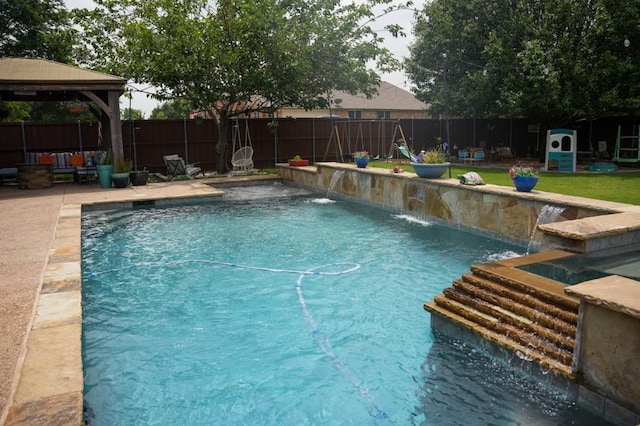 1701 Travis Ct, Allen, TX 75002 - view of swimming pool with a gazebo, a fenced backyard, and a patio area