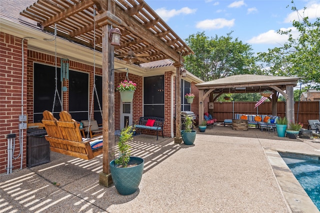 1701 Travis Ct, Allen, TX 75002 - view of patio featuring outdoor lounge area, a gazebo, a pergola, and ceiling fan