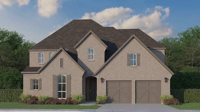 2721 Amber Ln, Prosper, TX 75078 - french provincial home with concrete driveway, brick siding, a garage, and roof with shingles