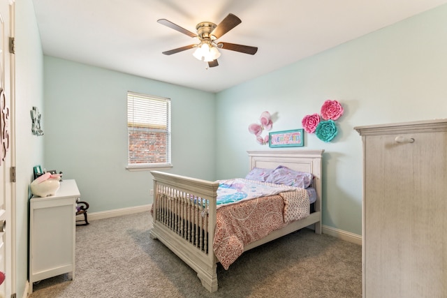 bedroom featuring carpet flooring, baseboards, and ceiling fan