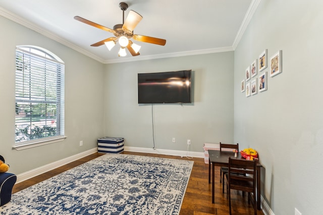 1250 Amistad Dr, Prosper, TX 75078 - sitting room with healthy amount of natural light, crown molding, dark wood-type flooring, a ceiling fan, and baseboards