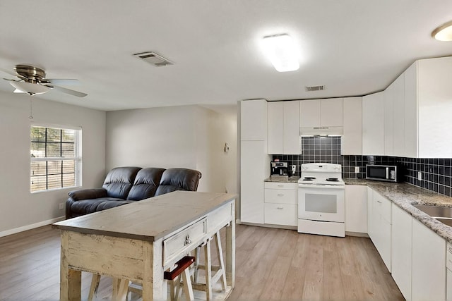 1508 E Dellis St, Kaufman, TX 75142 - kitchen featuring white electric stove, under cabinet range hood, open floor plan, stainless steel microwave, and light wood-style flooring