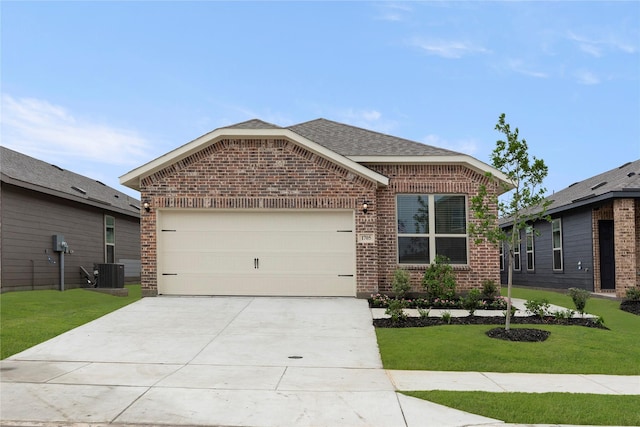 1705 Teton Riv, Blue Ridge, TX 75424 - view of front of house with brick siding, central air condition unit, an attached garage, concrete driveway, and a front lawn