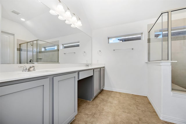 2434 Solomons Pl, Wylie, TX 75098 - full bath with lofted ceiling, double vanity, and a stall shower