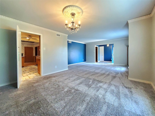 912 Chadwick Dr, Richardson, TX 75080 - carpeted spare room featuring crown molding, baseboards, and a chandelier