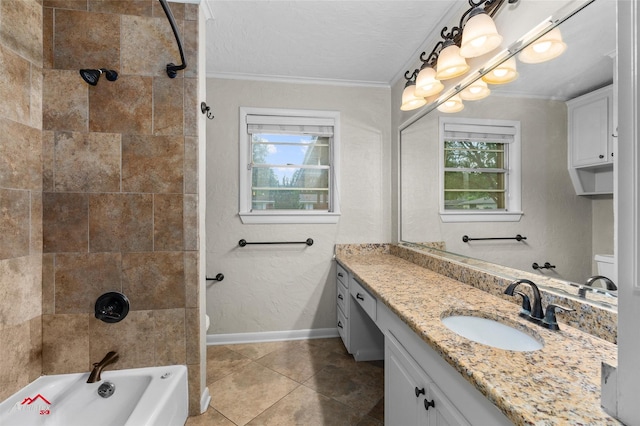 full bathroom with crown molding, vanity, tile patterned flooring, toilet, and  shower combination