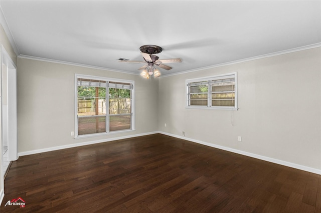unfurnished room featuring ceiling fan, crown molding, baseboards, and dark wood-type flooring