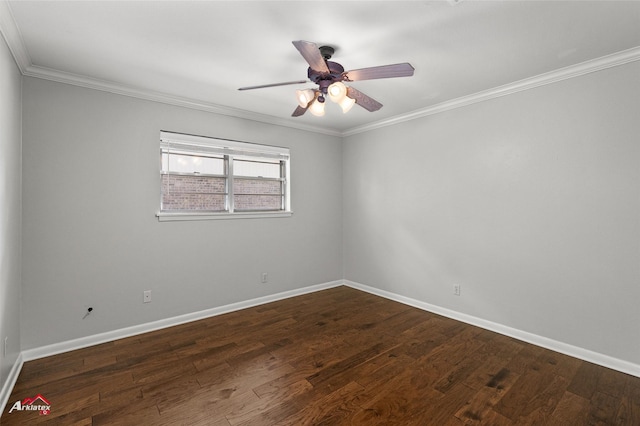 unfurnished room with a ceiling fan, baseboards, dark wood-style floors, and crown molding