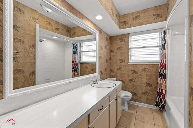 full bath featuring toilet, baseboards, tile patterned floors, vanity, and shower / bath combination with curtain