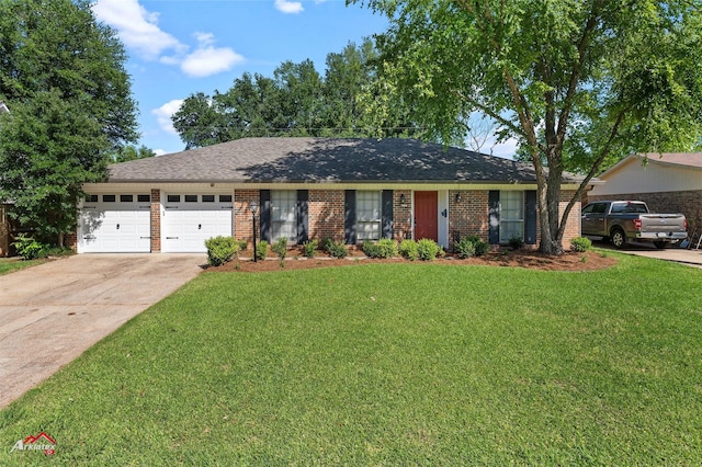 ranch-style house featuring brick siding, driveway, an attached garage, a front lawn, and roof with shingles