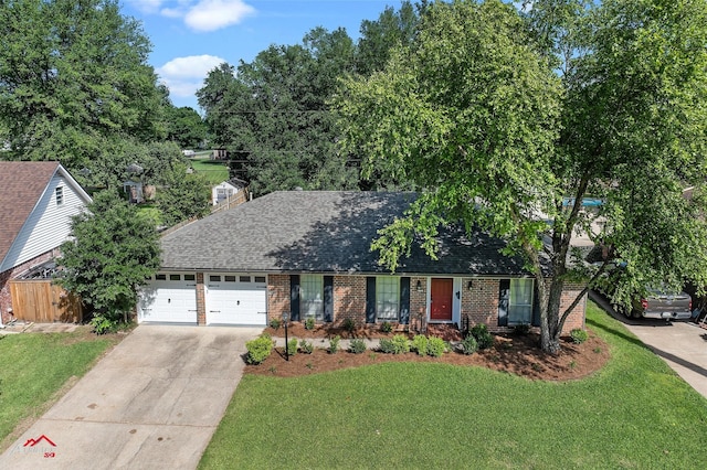 view of front of house featuring an attached garage, concrete driveway, a shingled roof, and brick siding