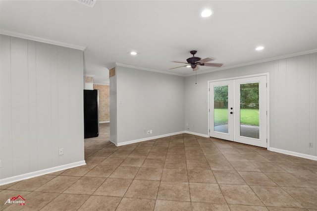 spare room with ceiling fan, french doors, crown molding, recessed lighting, and light tile patterned floors