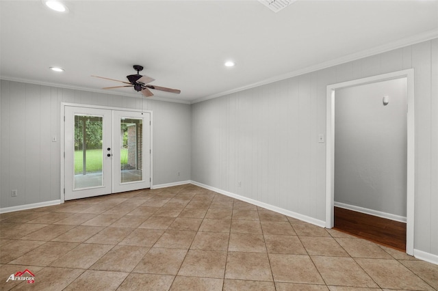 unfurnished room with crown molding, a ceiling fan, french doors, recessed lighting, and light tile patterned floors