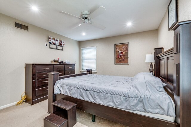 2902 Hillglenn Rd, Dallas, TX 75228 - bedroom with light colored carpet, recessed lighting, ceiling fan, and baseboards