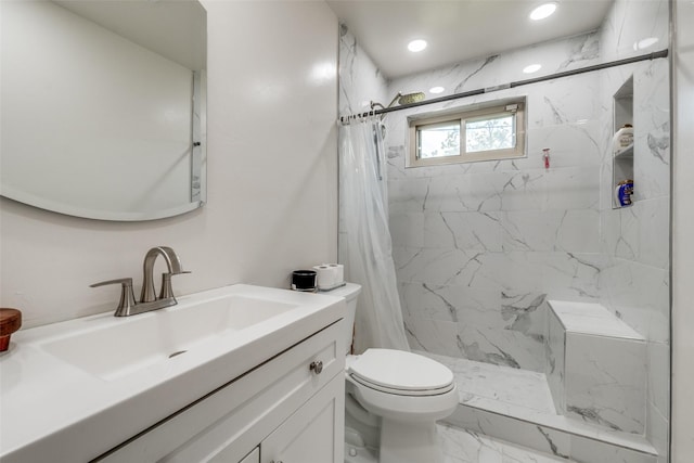2902 Hillglenn Rd, Dallas, TX 75228 - bathroom with marble finish flooring, toilet, vanity, a stall shower, and recessed lighting