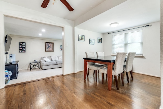 2902 Hillglenn Rd, Dallas, TX 75228 - dining space featuring wood finished floors, ceiling fan, and baseboards