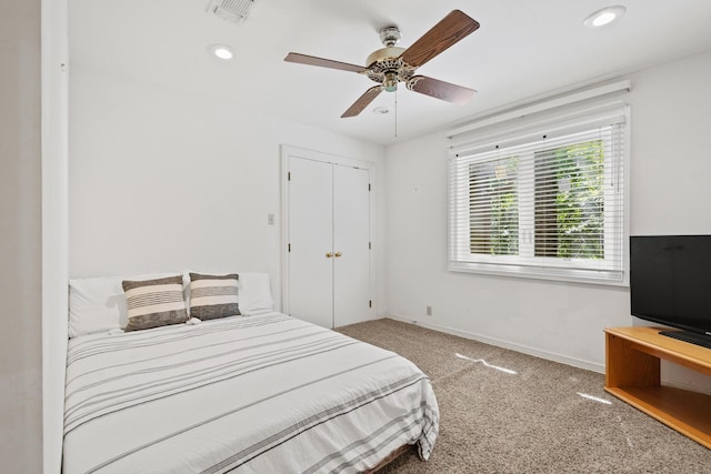 219 Ray Rd, Pottsboro, TX 75076 - bedroom with carpet floors, baseboards, recessed lighting, a ceiling fan, and a closet