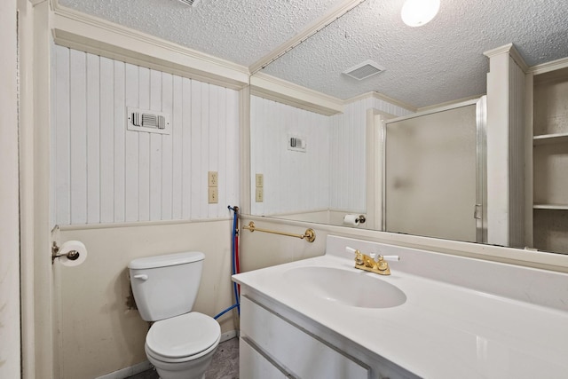 219 Ray Rd, Pottsboro, TX 75076 - bathroom featuring crown molding, a textured ceiling, a stall shower, toilet, and vanity