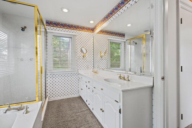 219 Ray Rd, Pottsboro, TX 75076 - bathroom featuring a shower stall, double vanity, and recessed lighting