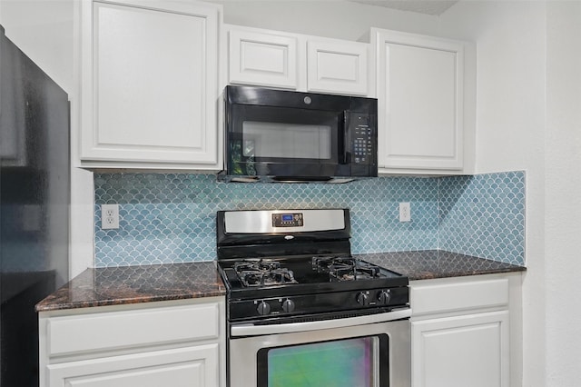 521 Bent Creek Dr, Garland, TX 75040 - kitchen featuring black appliances, white cabinetry, tasteful backsplash, and dark stone countertops