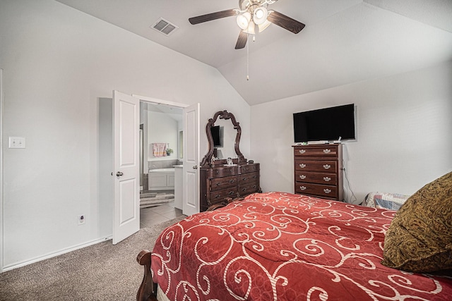 6505 Boot Jack Dr, Burleson, TX 76058 - bedroom featuring carpet flooring, lofted ceiling, ensuite bathroom, baseboards, and ceiling fan