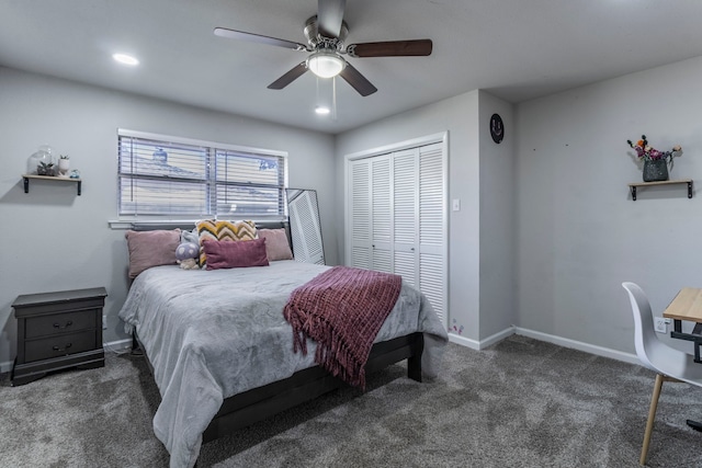 2801 Peachtree Ln, Pantego, TX 76013 - carpeted bedroom with baseboards, a ceiling fan, a closet, and recessed lighting