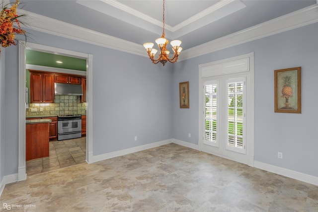 532 Hunters Run, Bossier City, LA 71111 - unfurnished dining area with stone finish flooring, crown molding, a chandelier, a tray ceiling, and baseboards