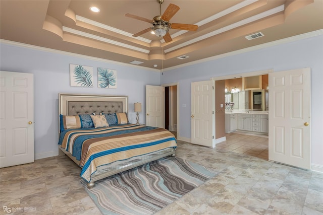 532 Hunters Run, Bossier City, LA 71111 - bedroom featuring a tray ceiling, connected bathroom, ornamental molding, baseboards, and a ceiling fan