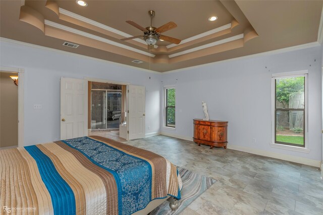 532 Hunters Run, Bossier City, LA 71111 - bedroom with a raised ceiling, multiple windows, crown molding, baseboards, and recessed lighting
