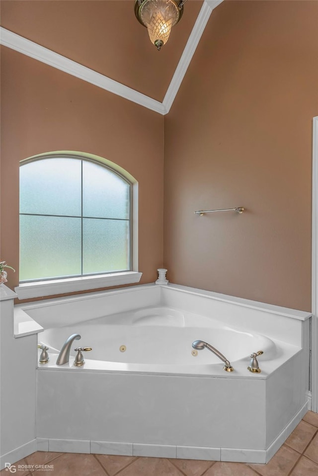 532 Hunters Run, Bossier City, LA 71111 - bathroom featuring tile patterned floors, crown molding, a whirlpool tub, and vaulted ceiling