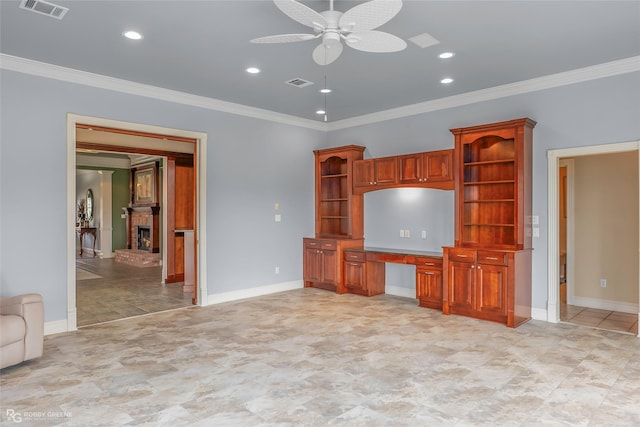 532 Hunters Run, Bossier City, LA 71111 - unfurnished living room featuring ornamental molding, ceiling fan, recessed lighting, baseboards, and a brick fireplace