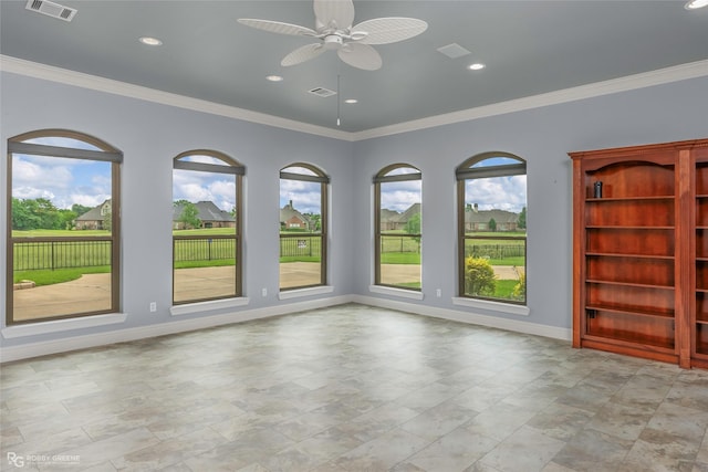 532 Hunters Run, Bossier City, LA 71111 - spare room featuring crown molding, ceiling fan, baseboards, stone finish floors, and recessed lighting