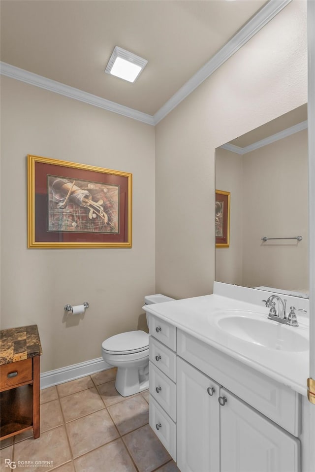 532 Hunters Run, Bossier City, LA 71111 - bathroom featuring crown molding, toilet, vanity, tile patterned flooring, and baseboards