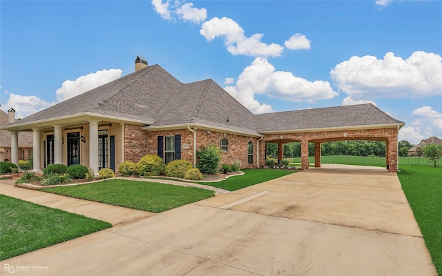 532 Hunters Run, Bossier City, LA 71111 - view of front facade with brick siding, concrete driveway, a shingled roof, and a chimney