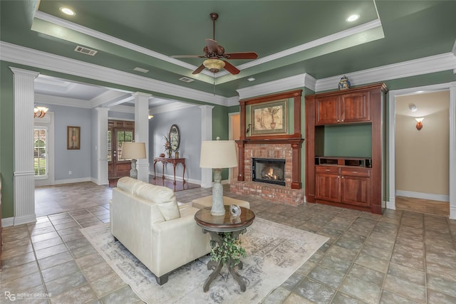 532 Hunters Run, Bossier City, LA 71111 - living room with ornate columns, ceiling fan, baseboards, crown molding, and a fireplace
