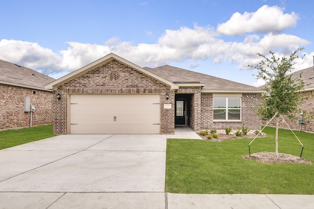 432 Gib Woodall Dr, Venus, TX 76084 - ranch-style home featuring brick siding, driveway, a garage, a front yard, and a shingled roof