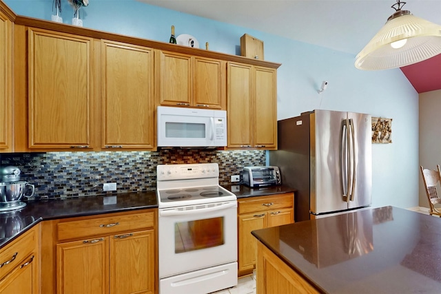 203 Millington Trl, Mansfield, TX 76063 - kitchen with white appliances, dark countertops, tasteful backsplash, and hanging light fixtures