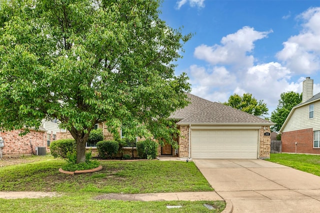 203 Millington Trl, Mansfield, TX 76063 - obstructed view of property featuring brick siding, driveway, an attached garage, a front yard, and cooling unit