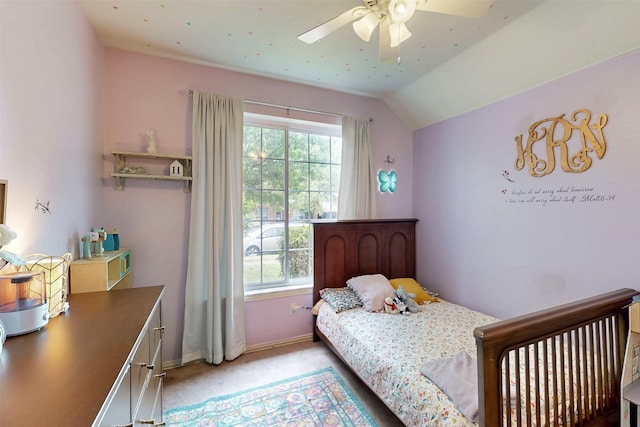 203 Millington Trl, Mansfield, TX 76063 - bedroom featuring light carpet, multiple windows, baseboards, lofted ceiling, and a ceiling fan