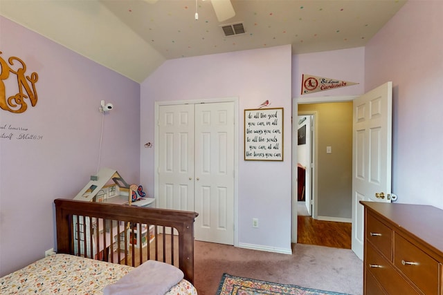203 Millington Trl, Mansfield, TX 76063 - bedroom featuring vaulted ceiling, a closet, carpet flooring, baseboards, and a ceiling fan