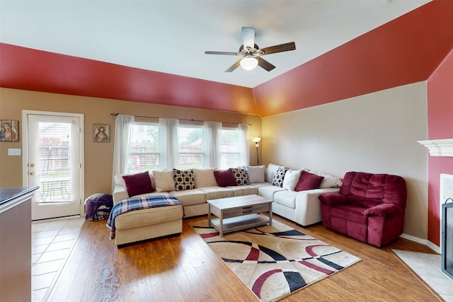 203 Millington Trl, Mansfield, TX 76063 - living area featuring light wood finished floors, ceiling fan, and vaulted ceiling