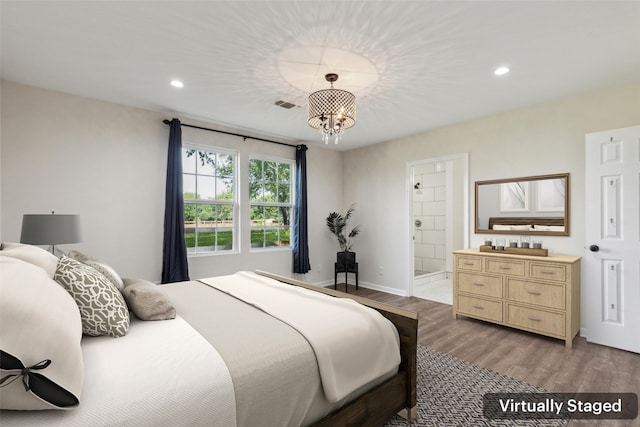 7613 Hewitt St, North Richland Hills, TX 76182 - bedroom featuring wood finished floors, recessed lighting, a chandelier, baseboards, and connected bathroom