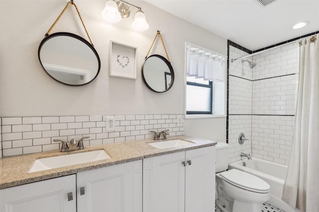 7613 Hewitt St, North Richland Hills, TX 76182 - bathroom with backsplash, toilet, shower / tub combo with curtain, and double vanity