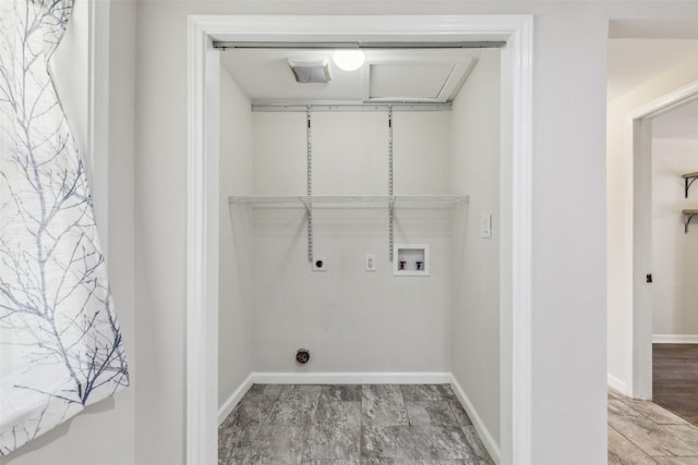 7613 Hewitt St, North Richland Hills, TX 76182 - washroom featuring electric dryer hookup, washer hookup, attic access, and baseboards