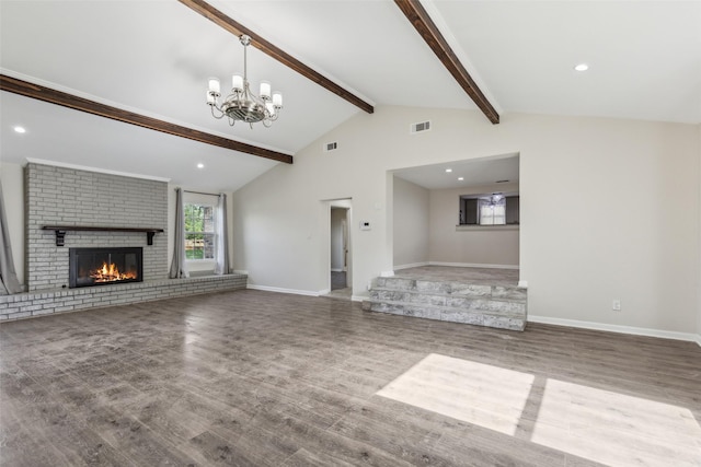 7613 Hewitt St, North Richland Hills, TX 76182 - unfurnished living room featuring a chandelier, wood finished floors, a fireplace, baseboards, and recessed lighting
