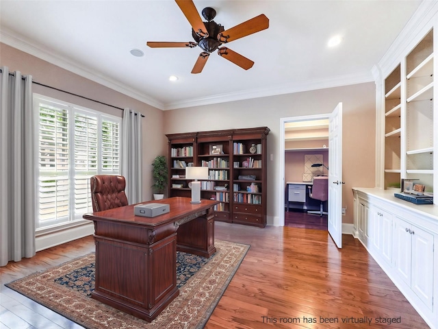 2215 Firestone Cir, Tyler, TX 75703 - office space with ceiling fan, crown molding, wood finished floors, and recessed lighting