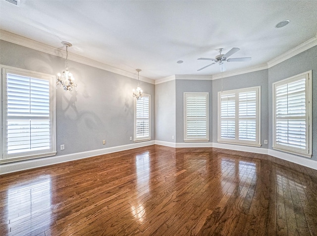 2215 Firestone Cir, Tyler, TX 75703 - unfurnished room with a chandelier, hardwood / wood-style flooring, a ceiling fan, baseboards, and ornamental molding